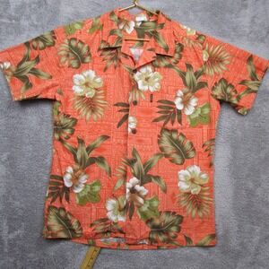 Palmwave Shirt Mens Medium Orange Hawaiian Floral Tropical Short Sleeve Cotton